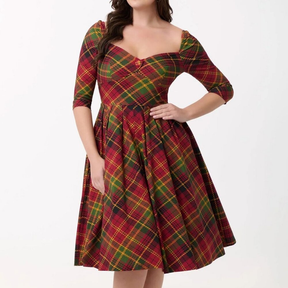Unique Vintage 1950s Burnt Orange & Green Plaid Lamar Swing Dress (Size XL/14)